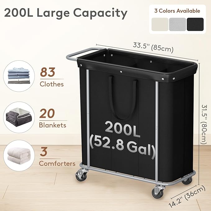 Lifewit 200L Large Laundry Basket with Wheels, Tall 3 Section Laundry Hamper Organizer, Rolling Laundry Cart with Steel Frame & Removable Bag for Luandry Room Bathroom Bedroom, Black