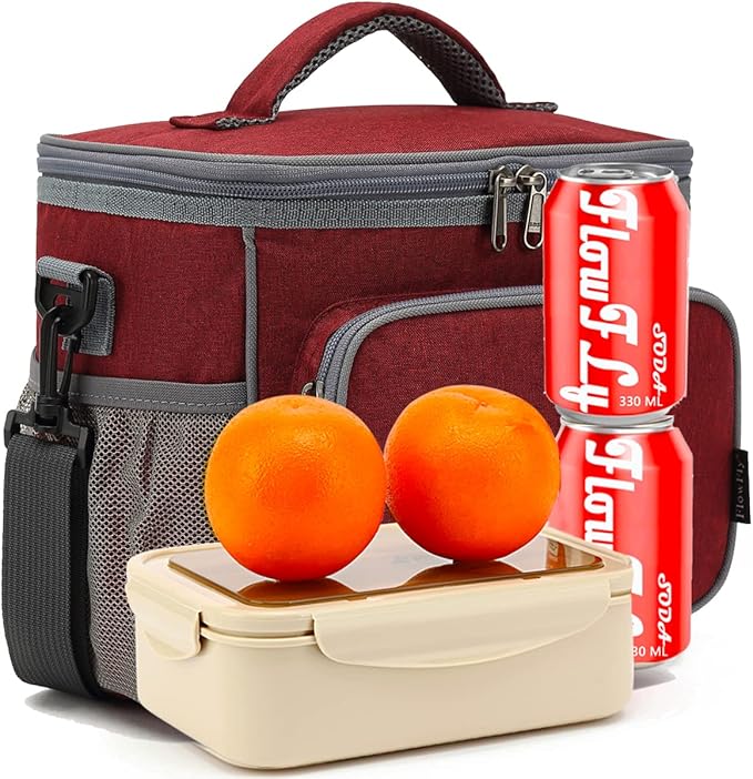 FlowFly Insulated Reusable Lunch Bag Adult Large Lunch Box for Women and Men with Adjustable Shoulder Strap,Front Zipper Pocket and Dual Large Mesh Side Pockets,Red-NeatNest