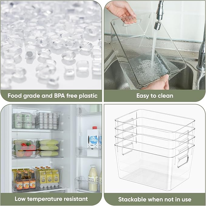 BALEINE Clear Plastic Storage Bins, Pantry Organization, BPA Free Stackable Refrigerator Organizers and Storage with Handles for Kitchen Fridge Cabinet Bathroom (4PK, 13x7.4x6.2)-NeatNest