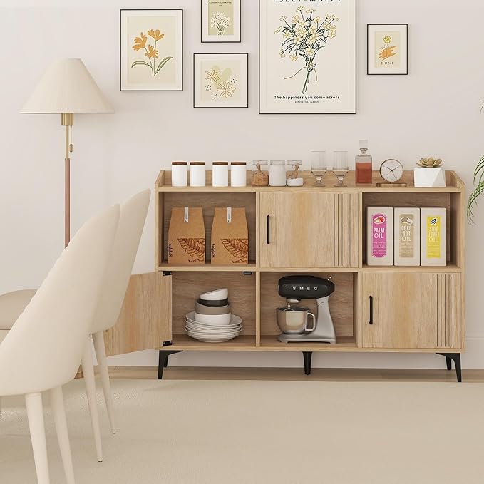 Giantex Storage Cabinet, Sideboard with 3 Doors, 3 Open Compartments, Bookcase with 5 Raised Metal Legs, Buffet Table, Bookshelf, Floor Cabinet for Living Room Display, Dining Room, Entryway, Oak