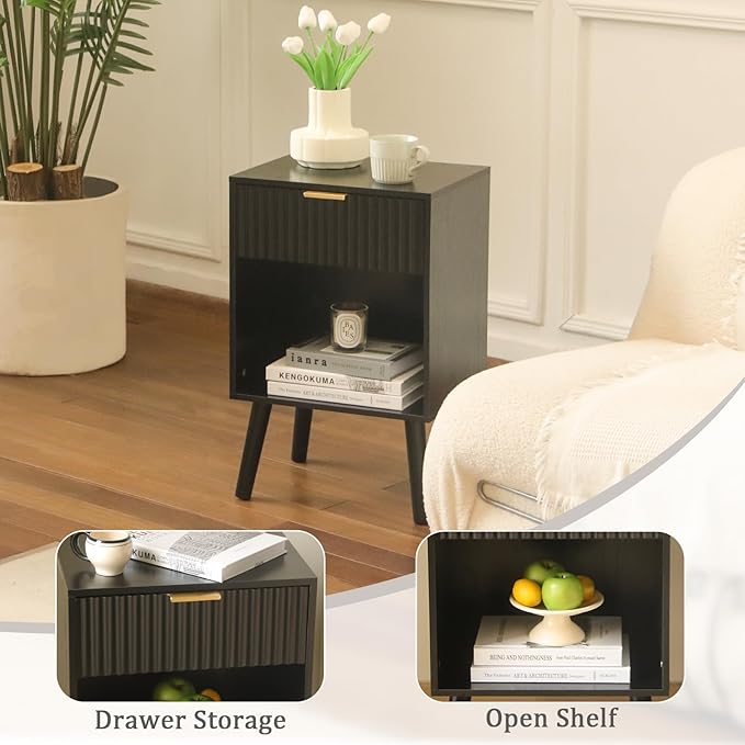 Black Fluted Nightstand, Modern Bedside Table with Drawer and Opening Storage, End Side Table Living Room with Solid Wood Legs for Bedroom (Black)-NeatNest