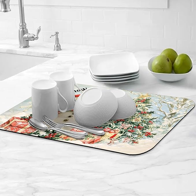 Hello Winter Dish Drying Mats for Kitchen Counter Absorbent Fast Dry Dish Drainer Rack Mats for Dishes Utensils Pot and Pan, Kitchen Accessories 20"x12"