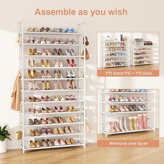 11 Tiers Tall Shoe Rack Holds 55 Pairs of Shoes with 18pcs Hooks Sturdy Wide Shoe Organizer Storage Free Standing Metal Shoe Shelf for Closet, Entryway White-NeatNest