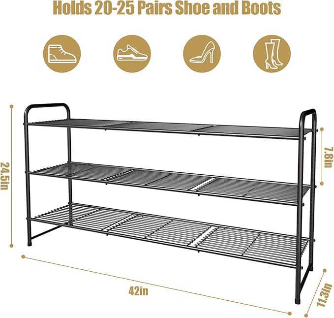 3-Tier Long Metal Shoe Rack,Extra Large Capacity Adjustable Stackable Shoe Organizer Shelf for Closet Entryway, Bedroom,Living Room, Floor,Hallway Shoe Shelf,Black 42" W × 24.5" H-NeatNest