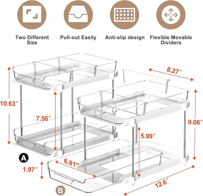 Delamu 2 Sets of 2-Tier Multi-Purpose Bathroom Under Sink Organizers and Storage, Stackable Kitchen Pantry Organization, Pull Out Medicine Cabinet Organizer with 8 Movable Dividers-NeatNest