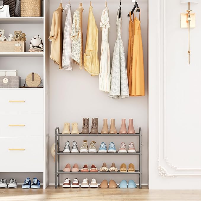 3 Tier Shoe Rack 33" Wide Metal Shoe Organizer Long Shoe Storage with 4 Side Hooks Sturdy Shoes Shelf for Front Door Entrance, Closet, Garage, Dorm, Grey-NeatNest