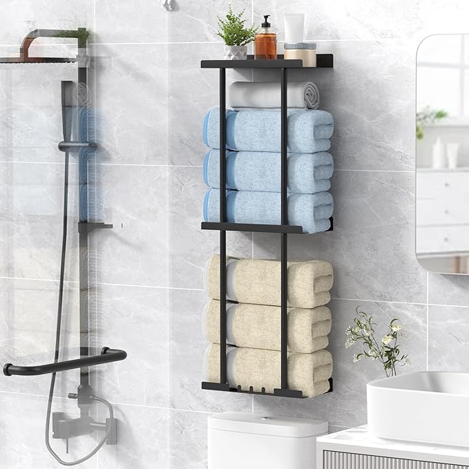 Towel Rack for Bathroom, Wall Mounted Vertical Rolled Towel Storage Organizer Holder with Shelf, Holds Up 6 Large Bath Sheets, Black Large Size