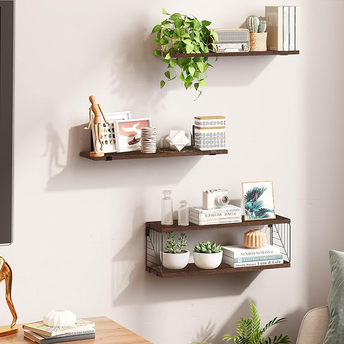 Fixwal 3+1 Tier Bathroom Floating Shelves Over Toilet, 15.8in Farmhouse Rustic Wood Shelves, Wall Decor for Bathroom, Living Room,Bedroom and Kitchen (Dark Brown)-NeatNest
