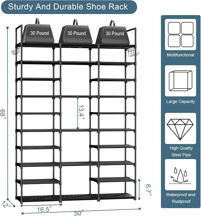 Kottwca 3 Row 10 Tier Large Shoe Rack Organizer for Closet Entryway, 60-65 Pair Shoe Boot Storage Rack, Metal Shoe Shelf Tall Vertical Stackable Shoe Stand for Bedroom Corner-NeatNest