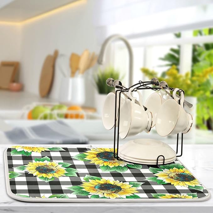 Absorbent Dish Drying Mat for Kitchen Counter - Sunflower Lattices Vintage Microfiber Drying Pad, Reversible Drainer Mats for Countertop, Large 18" x 24"