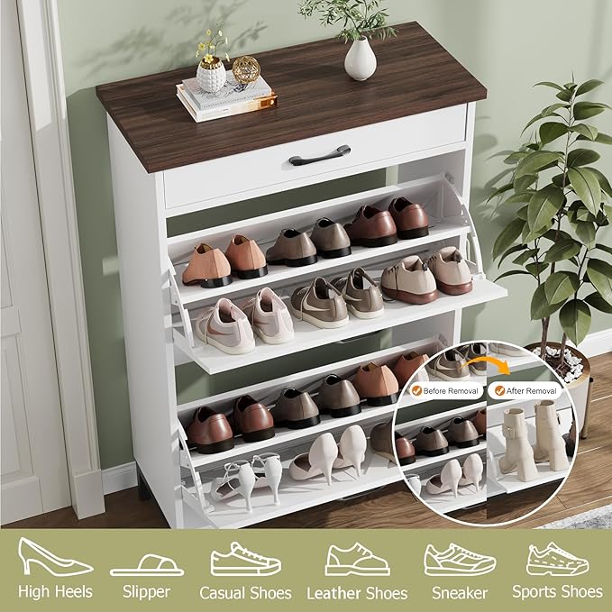 Shoe Storage Cabinet with 2 Flip Drawers, Narrow Shoe Cabinet for Entryway with 1 Top Drawer, Freestanding Hidden Shoe Rack Cabinet with Metal Legs for Foyer, Hallway (White)-NeatNest