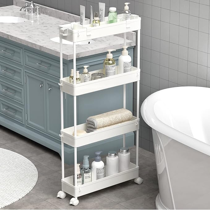 SPACELEAD Slim Storage Cart 4 Tier,Bathroom Organizer Rolling Utility, Mobile Shelving Unit Slide Out for Office, Kitchen, Laundry Room & Narrow Places,White-NeatNest