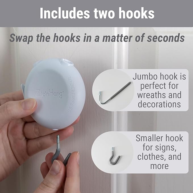 Wreath Hangers for Front Door (White - 1 Pack) - Damage Free Hanging - ZIPNHANG: Adjustable Door Hanger. Christmas Wreath & Decor Hanger for Front Door. Hooks for Hanging on Glass Doors, Screen Doors