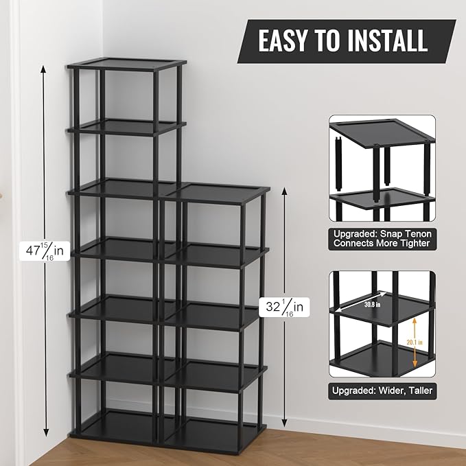 Bamboo Free Standing Shoe Rack Shelf Multi Tier Tall Wooden Stackable Shoes Rack Organizer for Closet Front Door Entrance Narrow Vertical Shoe Storage Rack for Corner Stand (Black, 12 Tiers)-NeatNest