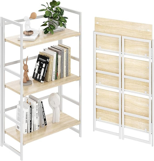 BHG Vintage Multifunctional Folding Bookshelf, No-Assembly Plant Stand Storage Rack Shelves for Home Office (White, 3-Tier)-NeatNest