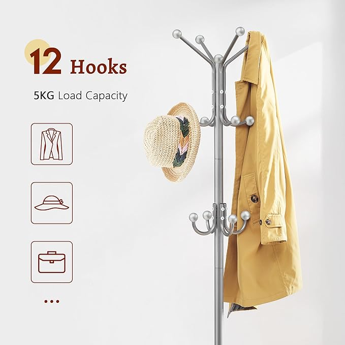 FAVOOSTY Coat Rack Freestanding,Coat Rack Stand with Umbrella Holder,Metal Coat Tree with 12 Hooks,Tree Clothes Hat for Entryway, Hallway, Bedroom, Living Room & Office - Silver Grey-NeatNest