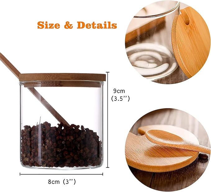 FANTESTICRYAN 2 PCS Clear Glass Condiment Canister Pots Set, Simple Stylish Decorative Storage Seasoning Container with Bamboo Lid & Spoon for Home Kitchen Café Storing Salt Sugar Spice (Round)