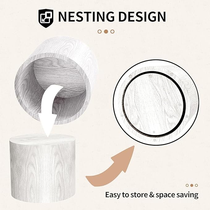 Small Round Nesting Coffee Table Set of 2, Wood Grain Circle Side End Accent Tables for Small Spaces Living Room Bedroom Balcony Office, White