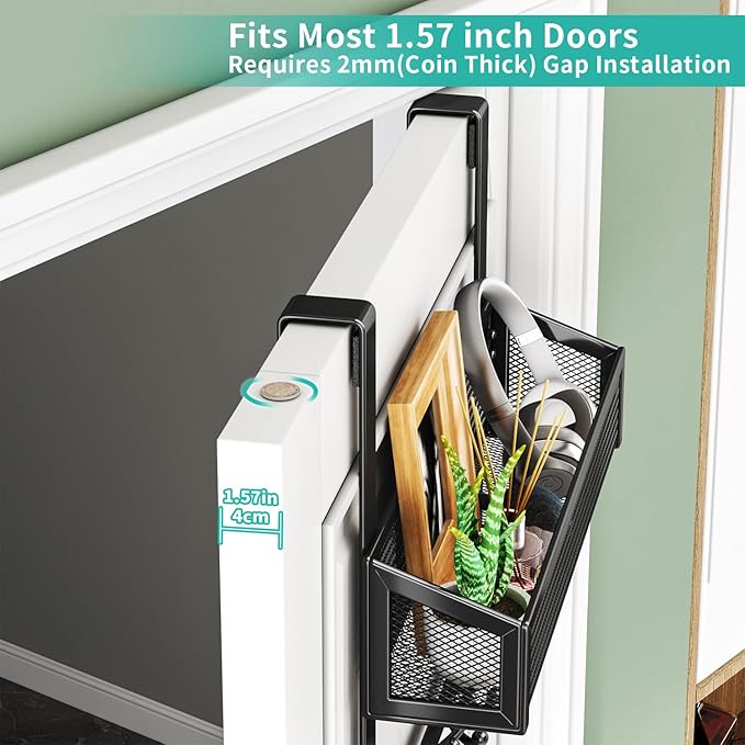 HapiRm Over The Door Hooks - Easy Installation Door Hanger with Basket and 16 Hooks, 304 Stainless Steel Storage Organizer for Towels, Coats, Bathroom, Kitchen, Dorm - Black