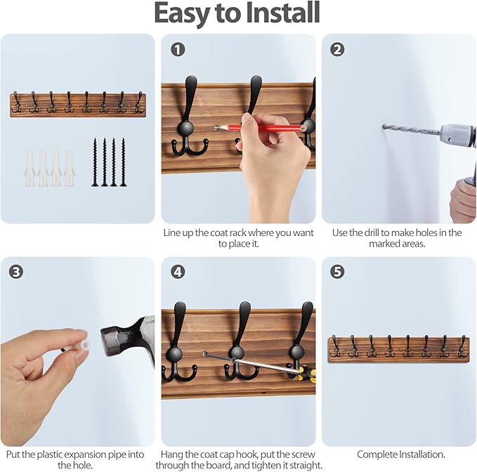 Coat Rack Wall Mount, Wooden Heavy Duty Coat Rack for Wall,8 Triple Coat Hanger Hooks for Hanging Coats,Jacket,Hat,Clothes (Brown, 8 Hooks)-NeatNest