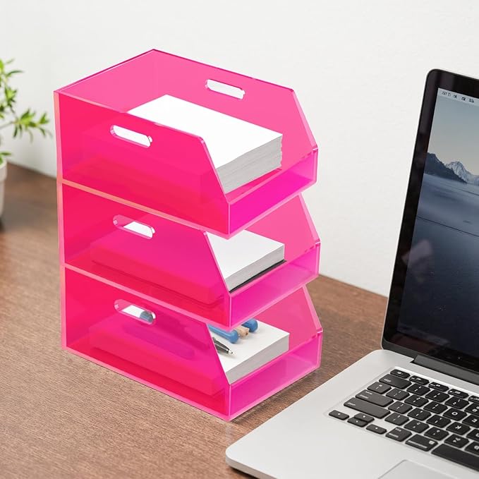 Gelite Stackable Storage Bin Organizer with Handles Acrylic Storage Container for Toy Pantry Kitchen Cabinet Bathroom Closet Office Organization, 11.4x7.5x5.1'', Neon Pink