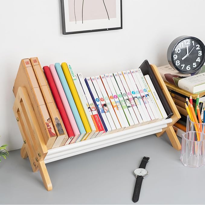 Desktop Bookshelf, Wood Tilting Bookcase with Iron Rack, Book Organizer for CDs/Magazine/Books Display, Storage Rack in Living Room/Studyroom/Home/Office (Yellow&White, 19.68")-NeatNest