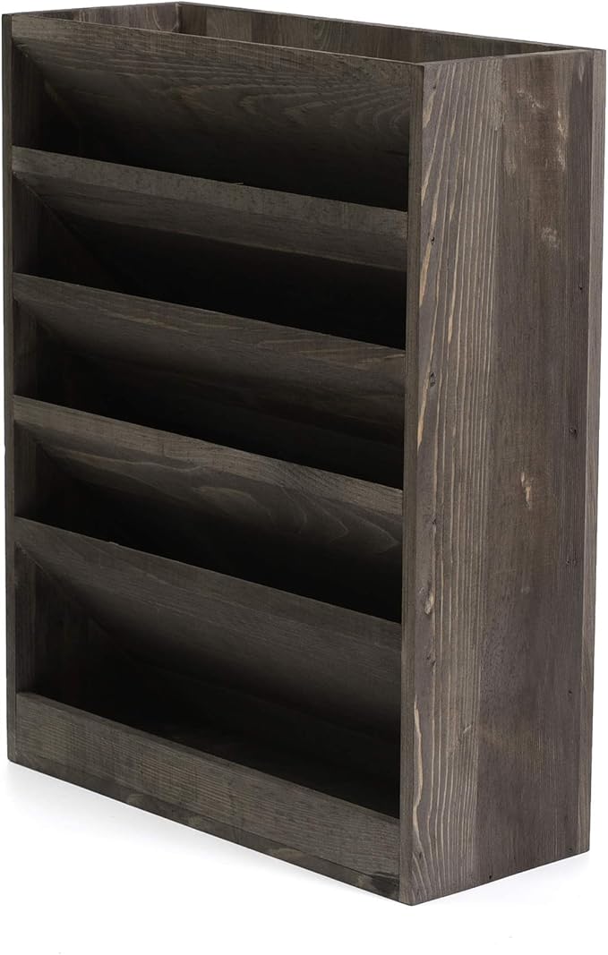 Vintage Rustic Wooden 5 Slot Office Desk or Distressed Torched Wood Wall Mounted Hanging Document Filing Organizer,Magazine Rack,Mail Holder Organizer Display Stand