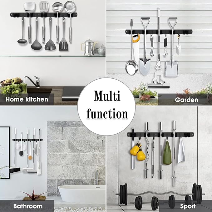 Black 5 Racks and 4 Hooks Mop and Broom Holder Wall Mount, Broom Organizer Storage Tool Racks Stainless Steel Heavy Duty Hooks Self Adhesive Solid Non-slip for Home Kitchen Garden Laundry Garage-NeatNest
