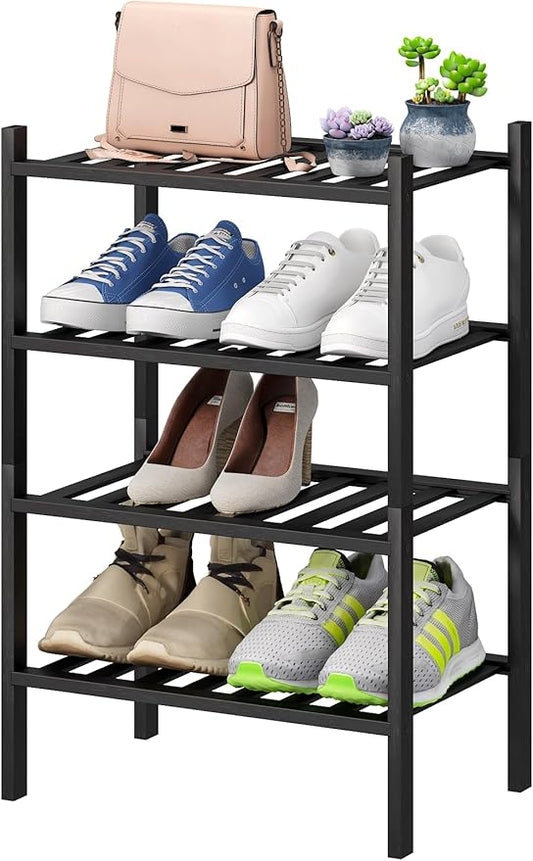 Black Small Shoe Rack for Entryway, 4-Tier Bamboo Shoe Organizer for Hallway Closet, Free Standing Shoe Racks for Indoor Outdoor-NeatNest