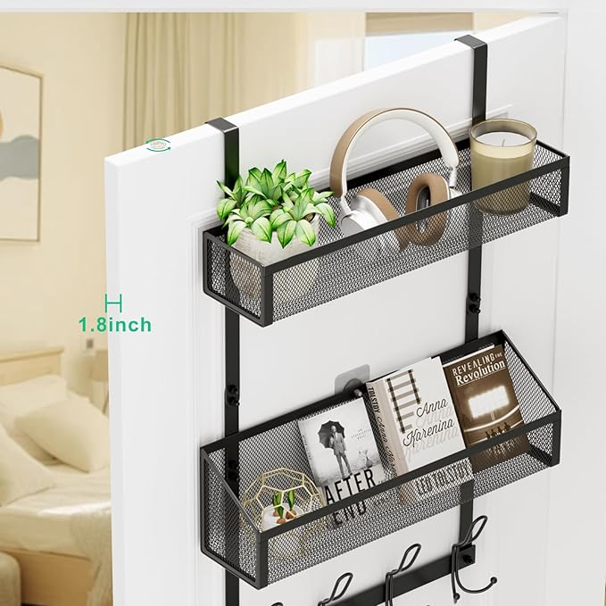 Over The Door Hooks Organizer, Over The Door Towel Rack Back of Door Storage Organizer with 12 Hooks & 2 Mesh Baskets Door Hanger Organizer for Bathroom,Kitchen,Bedroom(Black)