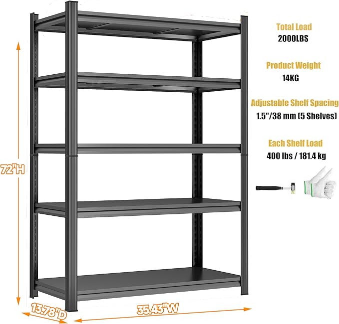 5 Tier Storage Shelves Metal Shelving Unit and Storage Utility Rack Shelf Adjustable Shelf Organizer for Garage, Basement, Pantry Storage, Commercial, Warehouse, Industrial, Laundry Room, Black