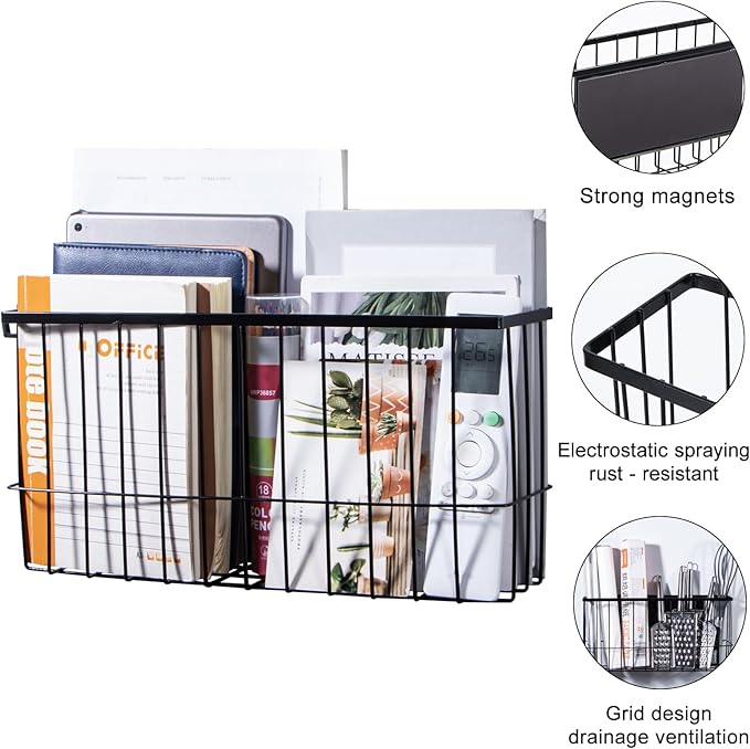 dedoot Magnetic Holder Locker 14.1"x 3.9"x 7" Strong Magnetic Black Mesh Holder Magnetic Basket Organizer Shelf Rack for Whiteboard,Fridge, Sponge, Recipe, Beverage,Refrigerator,Office File Foil-NeatNest