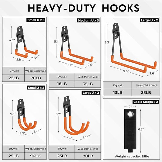 BONTEC Heavy Duty Garage Hooks, Anti-Slip Coated Black Steel with Strong Load Capacity, Multi-Sized U and J Hooks, Easy Wall Mount for Garage, Garden, Workshop (Orange, 16 Pack)-NeatNest