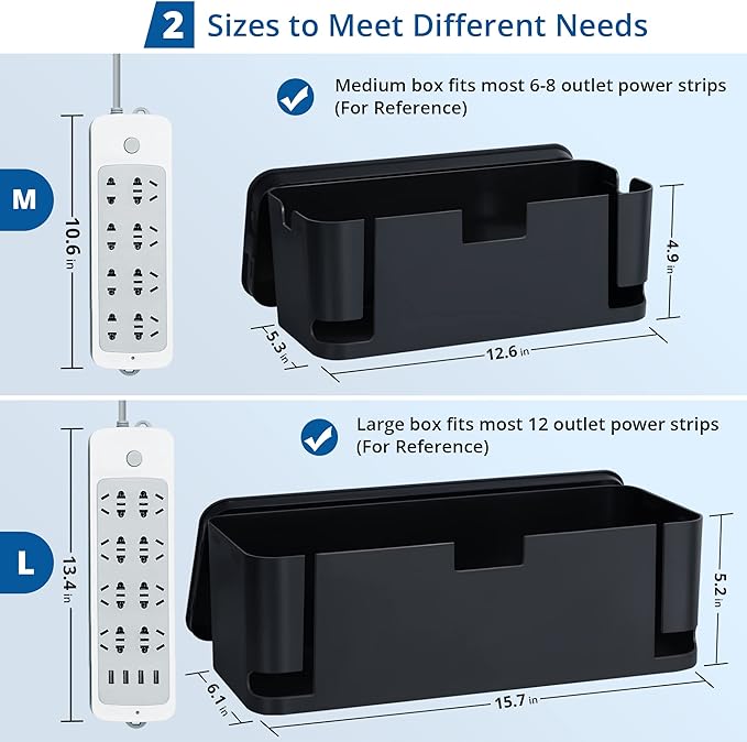 Cable Management Box Black, 2Pack Cord Organizer Box - Extra Large and Medium Size, Cord Hider Box to Conceal Power Strips on Desk or Floor, Made from Electrically Safe ABS Material