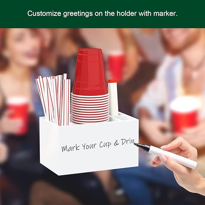 Cup Holder with Marker Slot, Party Cup Dispenser Acrylic Cup Organizer Mark Your Cup and Drink Up Caddy Modern Bar Counter Decor, White-NeatNest