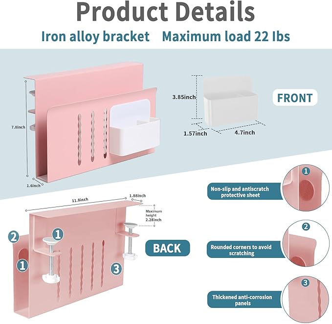 Desk Side Storage Under Desk Laptop Holder, No Drill Hanging Desk Organizer with Pen Holder, Clamp-On Table Side Tray Desktop Organization Mount for Office and Home (Pink)-NeatNest