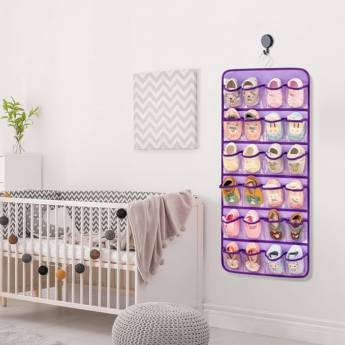 Dual-sided Hanging Baby Shoes Organizer Closet Toddler Shoe Storage Holder for Kids Bow Socks Underwear (PURPLE)-NeatNest