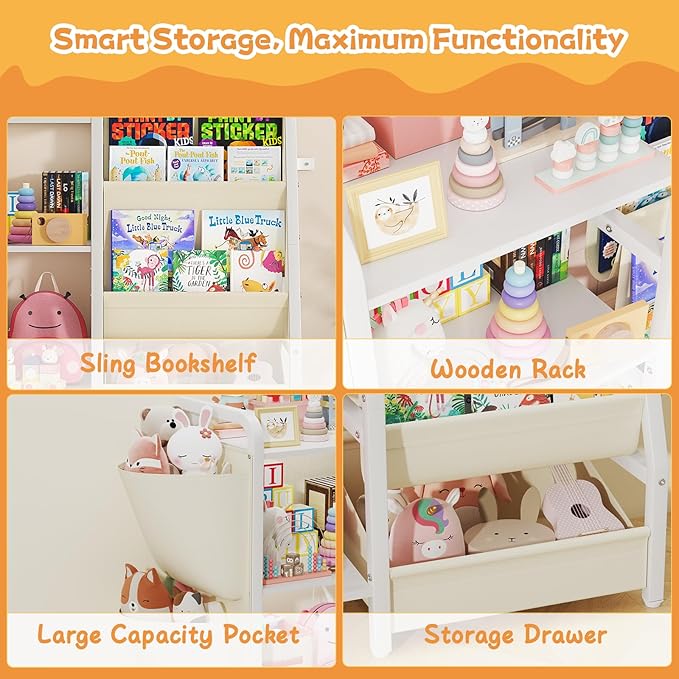 B3 Kids Bookshelf and Toy Storage, Book Shelf for Kids Rooms, Toddler Bookshelf for Small Spaces, 3-Tier Sling Montessori Baby Bookcase for Nursery, Bedroom, Playroom, White