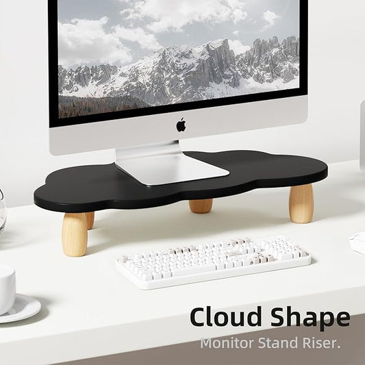 Cloud-Shaped Sturdy Wood Monitor Stand Riser, Multi-Purpose Desktop Organizer for Computer, Laptop, Printer, TV - Black-NeatNest