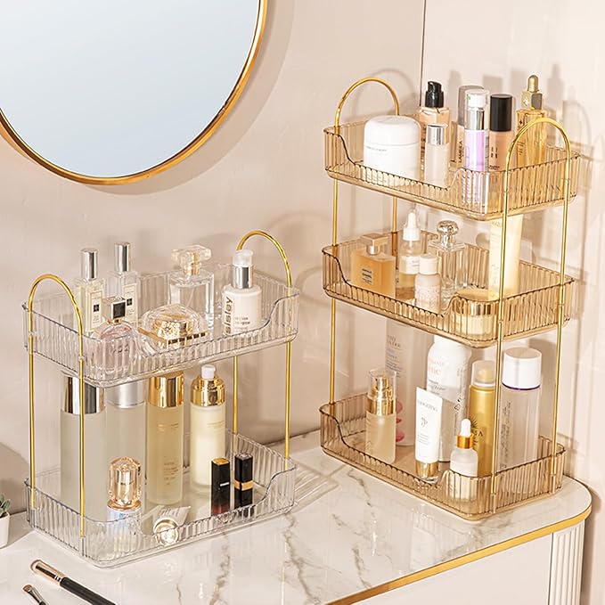 Bathroom Counter Organizer Countertop, 3 Tier Makeup Perfume Shelf Storage, Skincare Cosmetic Tray for Dresser Vanity - Gold-NeatNest