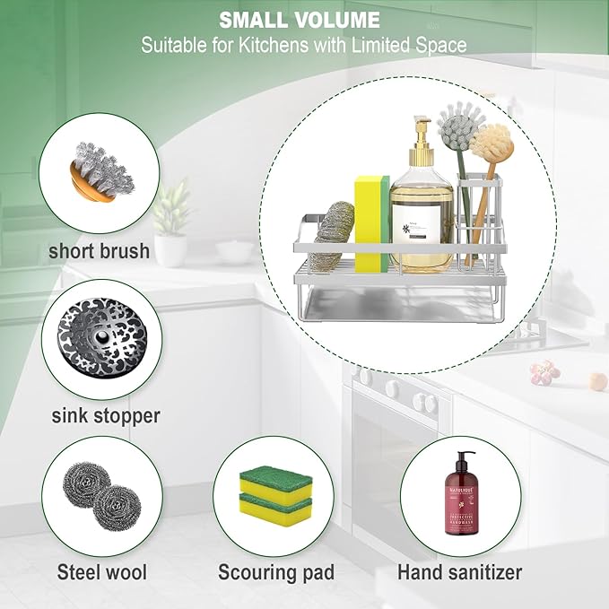 Kitchen Sink Caddy Organzier and Storage Sponge Holder for Sink with High Brush Holder, Rustproof 304 Stainless Kitchen Gadgets Dish Sponge Organizer (Lacquer Silver)-NeatNest