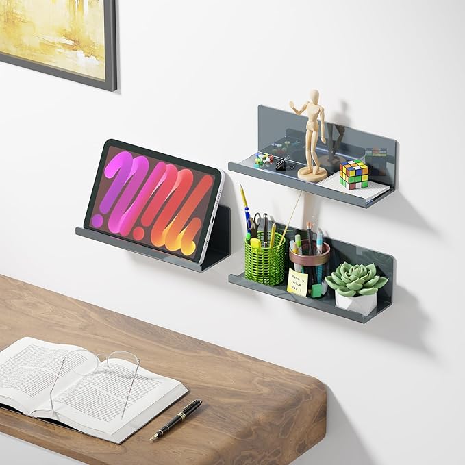 Adhesive Floating Shelves for Wall No Drilling, 12 Inch Acrylic Self Adhesive Shelves, Stick on Shelves, Dorm Wall Shelf, for Bathroom, Kitchen, Bedroom, Office, Gaming Room, Gray-NeatNest