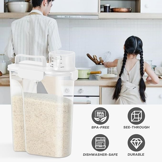 Dog Cat Food Storage Container, 5-7 Lbs Airtight Pet Food Storage Container with Easy-Pouring Spout and Portable Handle, Bird Seed Dispenser, Kitchen Organizer for Rice Cereal Flour -White-NeatNest