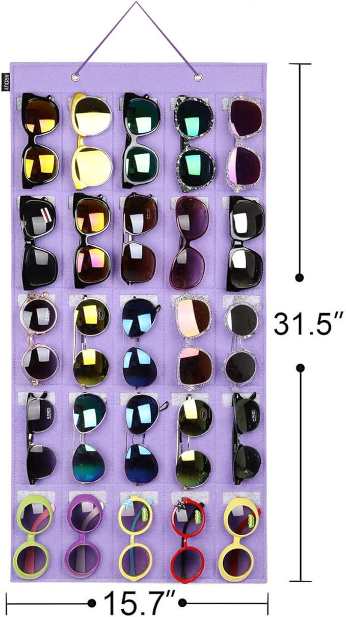 AROUY Sunglasses Organizer - Hanging Wall Pocket with 25 Felt Slots, Metal Hook and Sturdy Rope (Purple, Large)-NeatNest