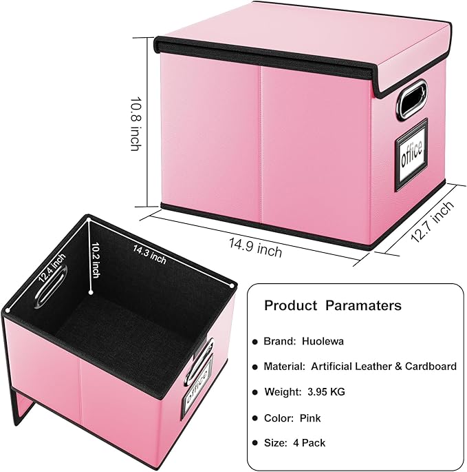 Huolewa Portable Leather File Organizer Boxes with Lids, Office Document Boxes Organizer, Filing Boxes, Decorative Small File Boxes for Hanging Files, File Cabinet for Office/Home - 4 Pack