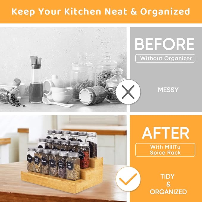 Bamboo Spice Rack Organizer for Cabinet 3 Tier Countertop Step Spice Shelf for Kitchen Storage and Organizer (2 Pack, Cabinet)-NeatNest