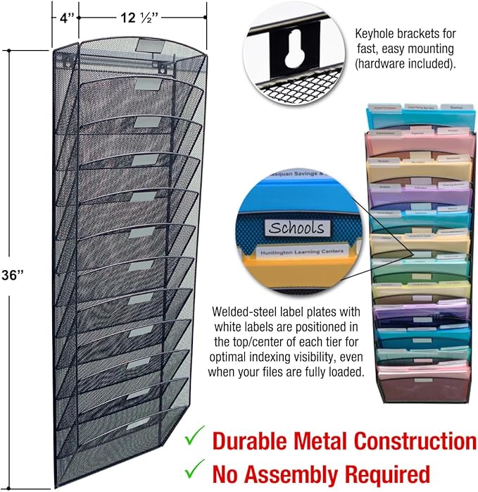 Ultimate Office Mesh Wall File Organizer, 12 Tier Vertical Mount Hanging File Sorter. Multipurpose Display Rack Includes 18, 3rd Cut PocketFile Clear Document Folder Project Pockets (Black)