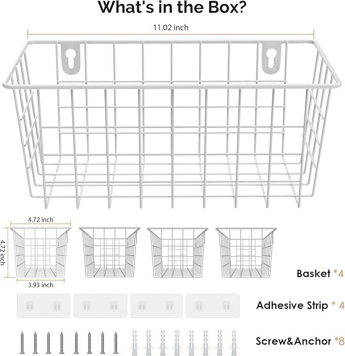 MaraFansie Hanging Wire Baskets Kitchen Storage Basket Adhesive and Screws Basket Over the Cabinet Door Organizer with Adhesive Strips and Screws Accessories, White, 4 Pack-NeatNest