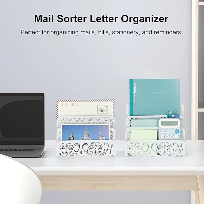 EasyPAG 2 Pack Mail Organizer with Hollow Floral Design, Metal Desktop Letter Sorter – 3 Compartments, No Assembly, Anti-Slip Feet for Office/Home Desk, White