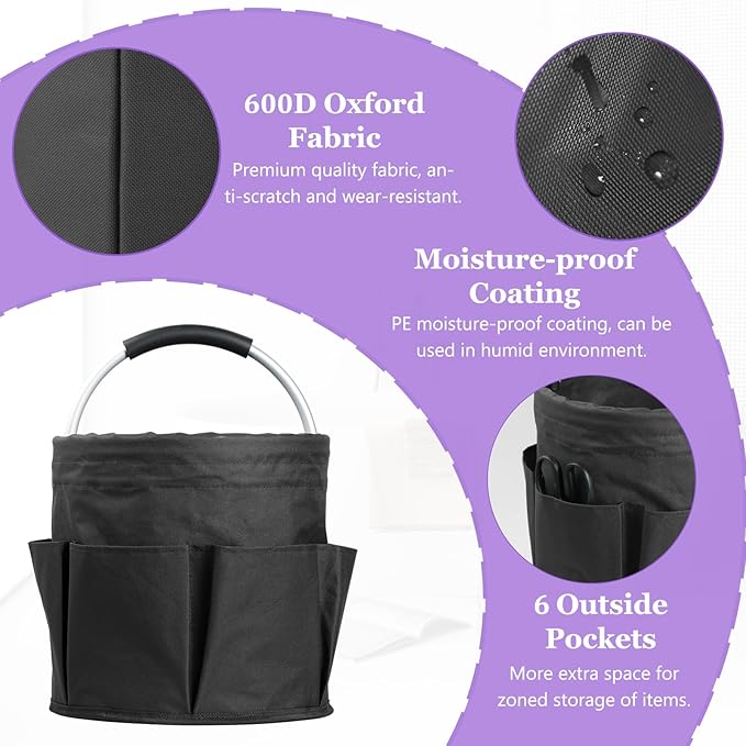 2Pcs Collapsible Cleaning Caddy with Handle, 17L Foldable Cleaning Supply Caddy, Bucket Tool Organizer in 600D Oxford Fabric, Multifunctional Storage Basket for Cleaning, Traveling, Black